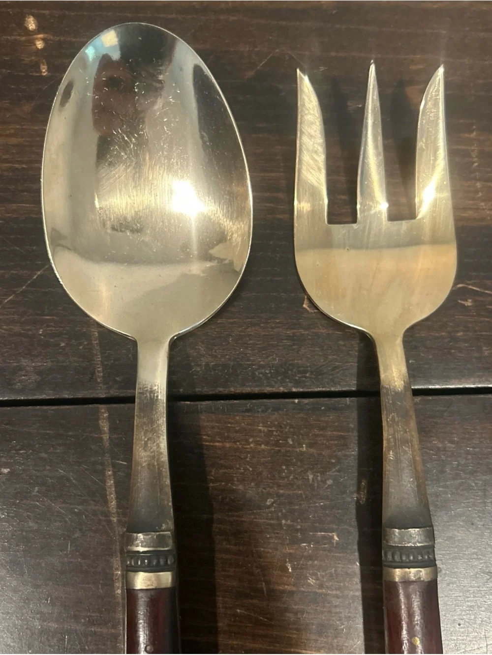 Pottery Barn Wood-Handled Serving Spoon and Fork - Brown and Silver